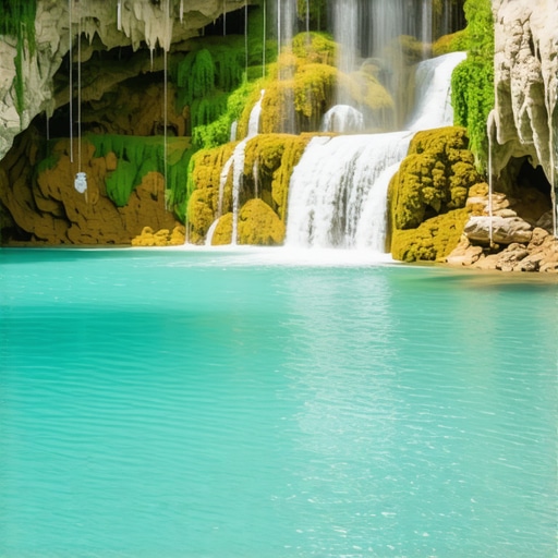 Detaljan prikaz sedrenih terasa i tirkizne vode vodopada Bigar na Staroj planini