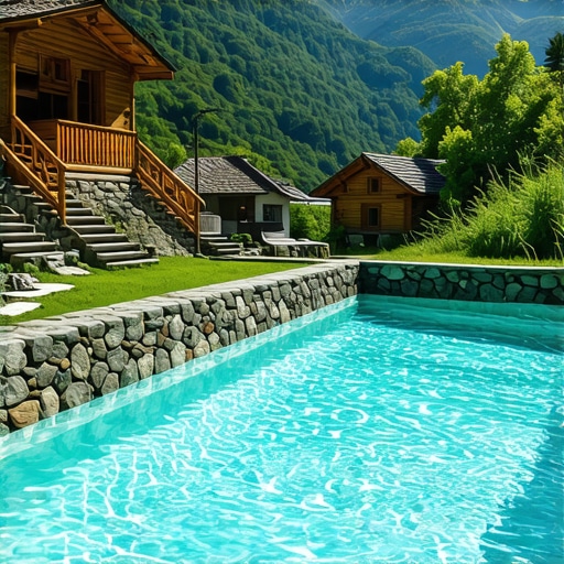 Tradicionalni bazen u etno selu 2026 Bazen u etno selu sa kamenim ivicama i drvenim kućama u pozadini pod suncem