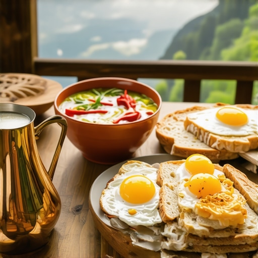 Tradicionalni doručak na selu bez aditiva Bogata trpeza domaćeg doručka na planini sa sirom, kajmakom i domaćim hlebom