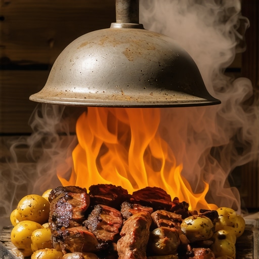 Meso i krompir ispod sača sa vrelim žarom na vrhu