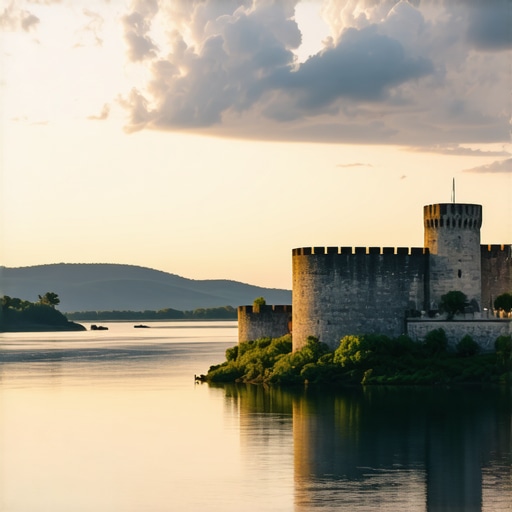 Pogled na Dunav i zidine tvrđave Golubac u sumrak