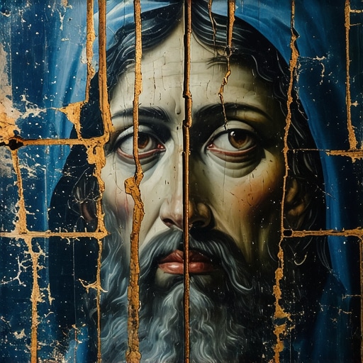 Detalj plave freske u manastiru Sopoćani sa tragovima vremena i istorijskim oštećenjima