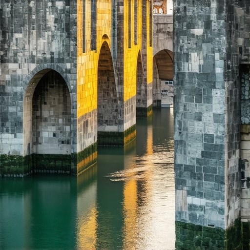 Close-up of the historical stone bridge in Visegrad with Drina river during sunset