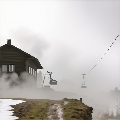 Zimski pejzaž Babanovca na Vlašiću sa drvenim kolibama i maglom