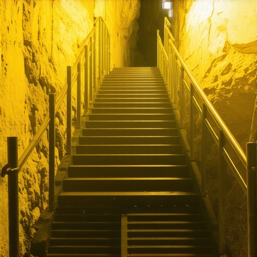 Pogled na metalne stepenice i osvetljene stalaktite u Resavskoj pećini pod veštačkim osvetljenjem.