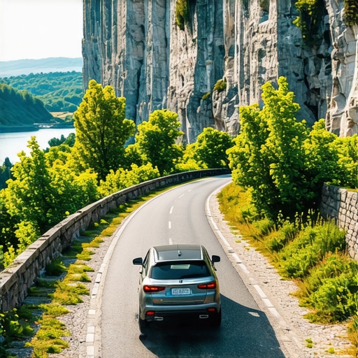 Automobil na putu pored Dunava i litica Đerdapa