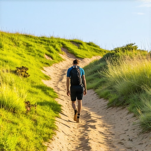 Hiker na stazi kroz Deliblatsku peščaru sa suvim dinama u pozadini