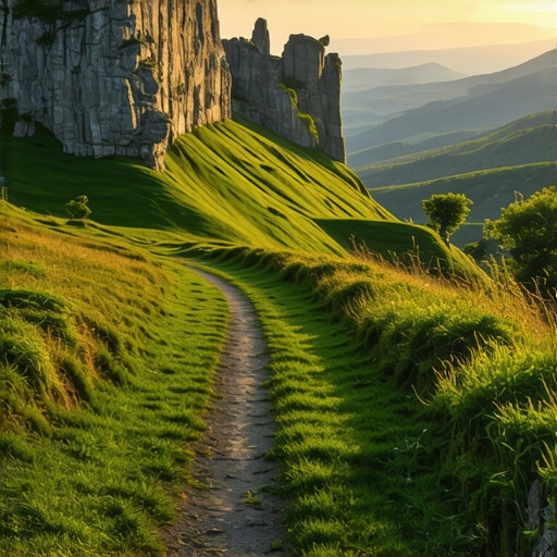 Pogled na krečnjačke stene i stazu na planini Stol tokom zalaska sunca