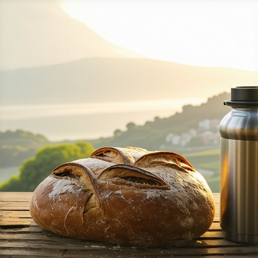 Hleb i voda na drvenom stolu sa pogledom na planinu Taru u jutarnjoj magli