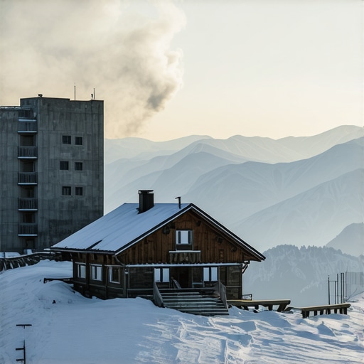 Uporedni prikaz modernog ski centra i tradicionalne planinske kolibe u snegu