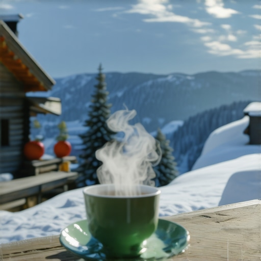 Planinska koliba na snegu sa čajem na stolu i skijalištem u pozadini