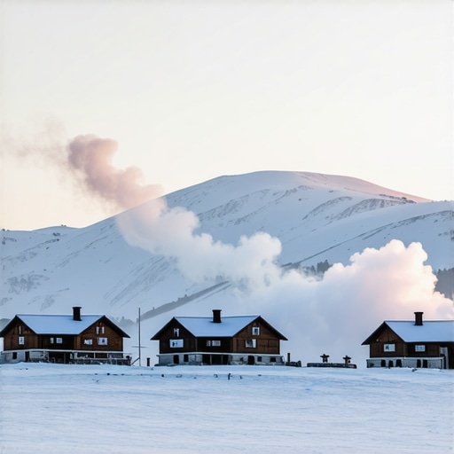 Pogled na skijalište Vlašić i tradicionalne drvene planinske kuće prekrivene snegom tokom zalaska sunca.