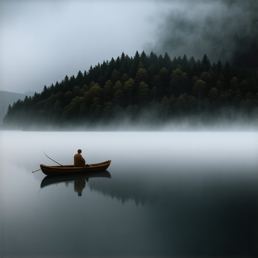 Zora na Bovanskom jezeru 2026 Bovansko jezero u jutarnjoj magli sa ribolovcem u čamcu