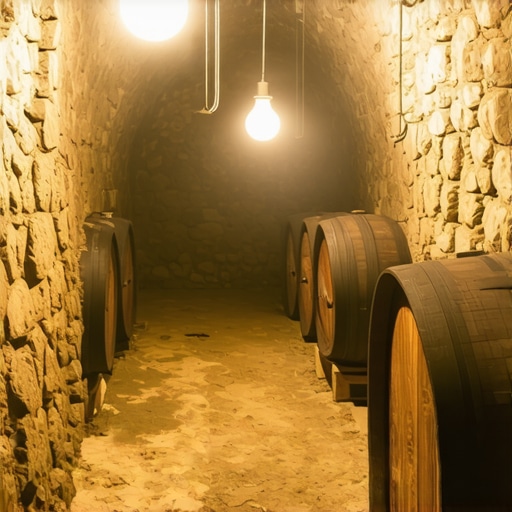 Dusty traditional wine cellar with wooden barrels in Irig Fruška gora