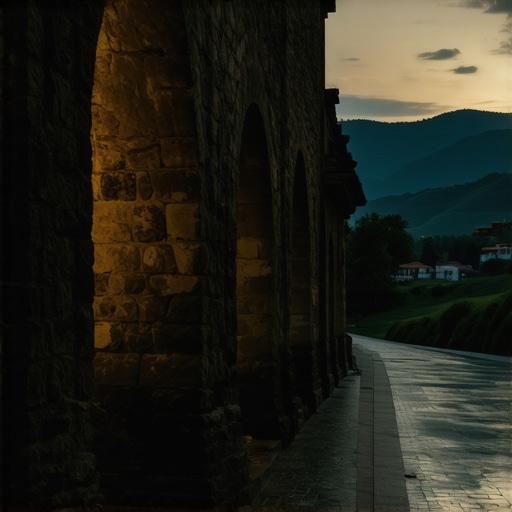 Pogled na kamene ulice i arhitekturu Andrićgrada u Višegradu bez turista.