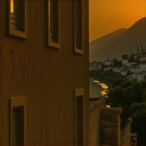 Andrićgrad Višegrad kamena arhitektura 2026 Pogled na kamene zgrade Andrićgrada i reku Drinu u sumrak