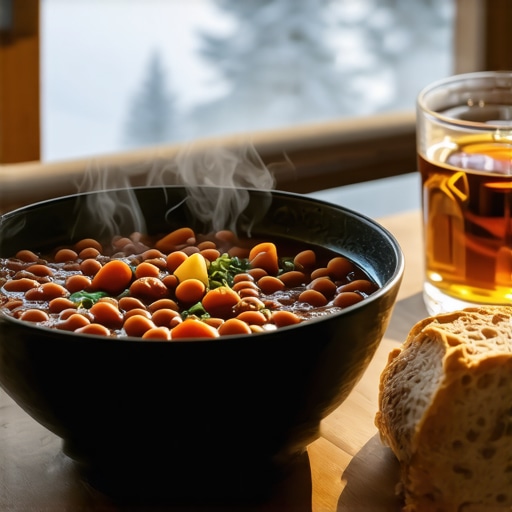 Autentičan planinski obrok na Kopaoniku Činija pasulja i domaća rakija na drvenom stolu u brvnari na Kopaoniku