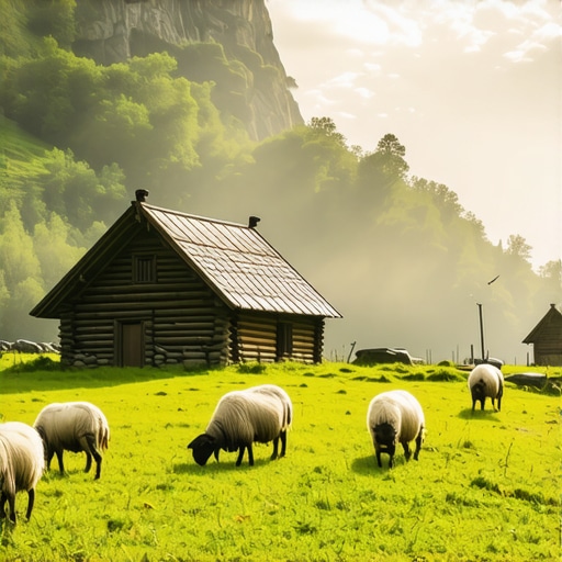 Planinski ranč sa brvnarama i ovcama u magli