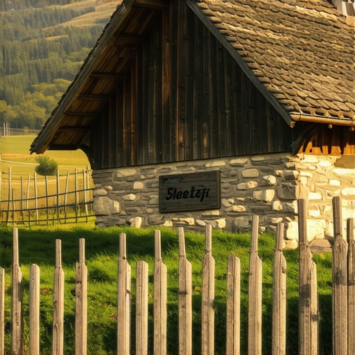 Staro seosko domaćinstvo sa drvenom ogradom i natpisom za smeštaj u prirodi