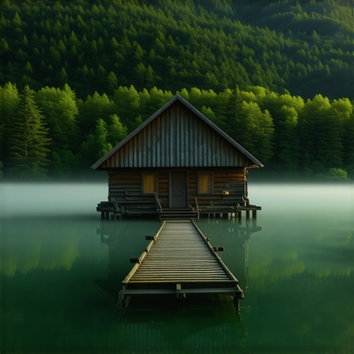 Autentičan splav na Perućcu u zoru Drveni splav na smaragdnom jezeru Perućac pod maglom Tare