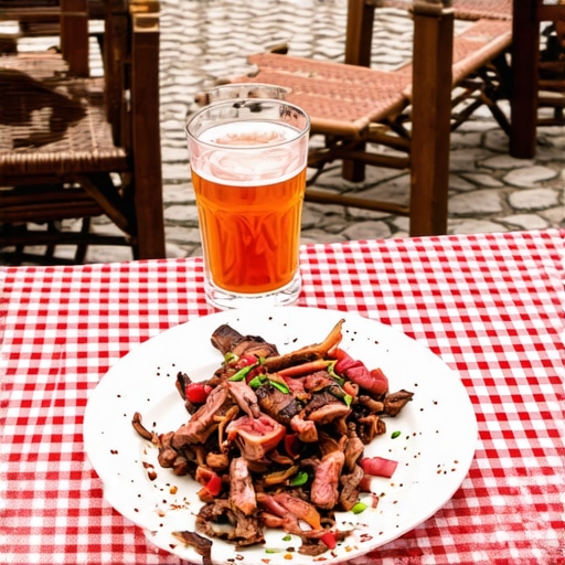 Autentična kafanska trpeza u Skadarliji Kafanski sto sa kariranim stolnjakom i rakijom u Skadarliji