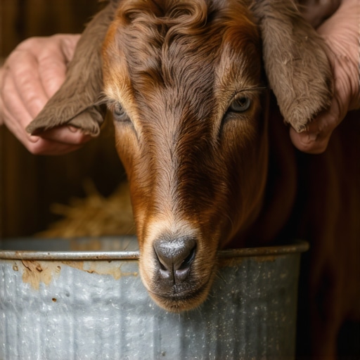 Ruke seljaka muzu kozu u metalno vedro u staroj štali