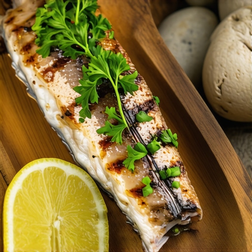 Sveže pečena pastrmka na drvenom tanjiru sa Unom u pozadini