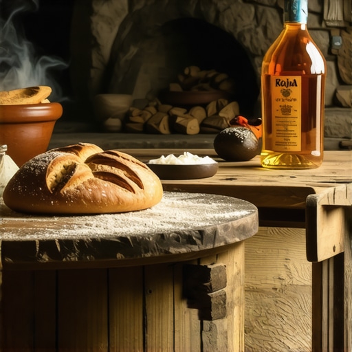 Domaći hleb, kajmak i rakija na drvenom stolu u seoskom domaćinstvu