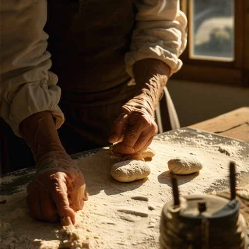 Autentični proces pravljenja salčića na tradicionalan način Ruke koje mese testo za salčiće na drvenom stolu u seoskoj kuhinji