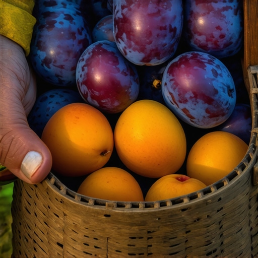 Autentično domaće voće direktno iz voćnjaka Ruke poljoprivrednika drže korpu sa svežim šljivama i kajsijama u voćnjaku