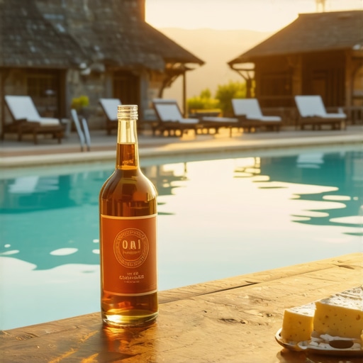 Bazen u etno selu okružen drvenim kućicama i prirodom pod zalaskom sunca