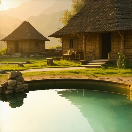 Autentično etno selo sa bazenom u suton Tradicionalni srpski vajati pored kamenog bazena tokom letnjeg popodneva