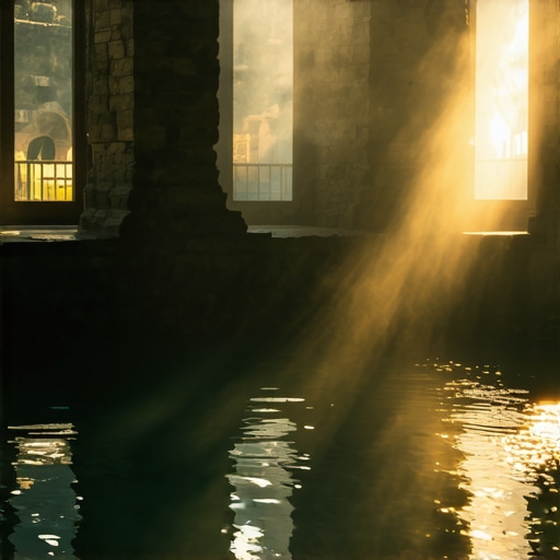 Unutrašnjost istorijskog mineralnog kupatila sa parom i kamenim zidovima