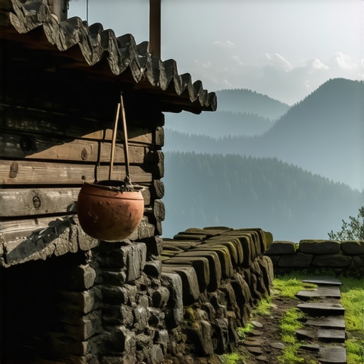 Staro drveno seosko domaćinstvo u Srbiji sa ognjištem i planinskom maglom