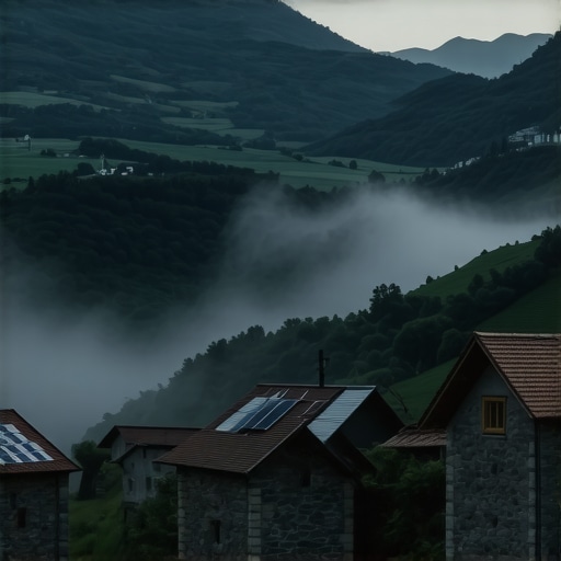 Zabačeno selo u Srbiji sa solarnim panelima na starim krovovima usred magle i planina.