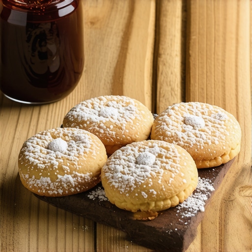 Homemade Serbian vanilice cookies with powdered sugar and plum jam