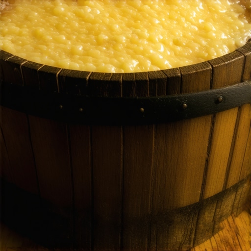 Close-up of thick, yellowish traditional Serbian kajmak in a wooden 'cabrica' on a rustic table.