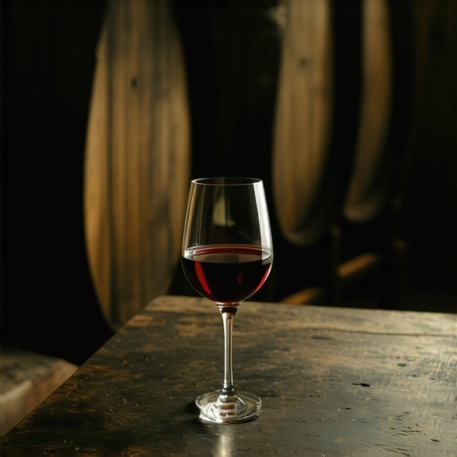 Old wooden barrels in a traditional Serbian wine cellar with a glass of local wine.