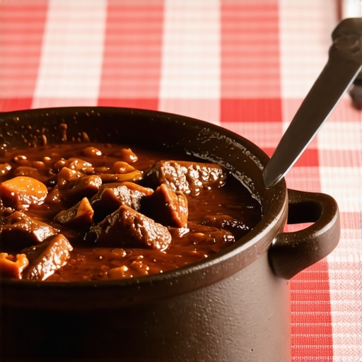 Authentic Subotica Perkelt in Tavern Rich red perkelt stew in a clay pot on a checkered tablecloth