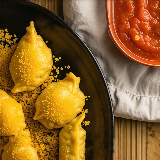 Close-up of traditional plum dumplings and tomato sauce on a rustic table in Vojvodina