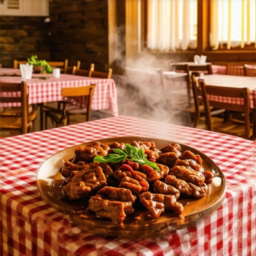 Traditional Serbian food on a wooden table in a rustic restaurant