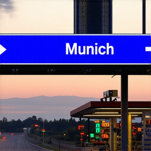 Pogled na nemački autoput ka Minhenu sa cenama goriva na benzinskoj stanici