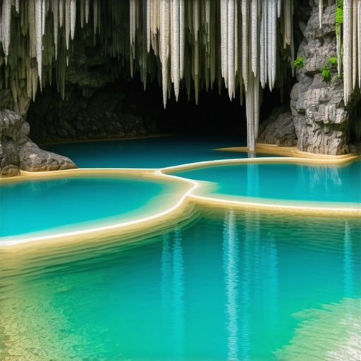 Bigrene kade u Stopića pećini Unutrašnjost Stopića pećine sa osvetljenim bigrenim kadama i tirkiznom vodom