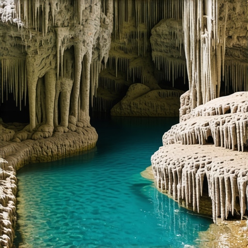 Slojevite bigrene kade u Stopićevoj pećini sa prelivajućom vodom i dramatičnim osvetljenjem