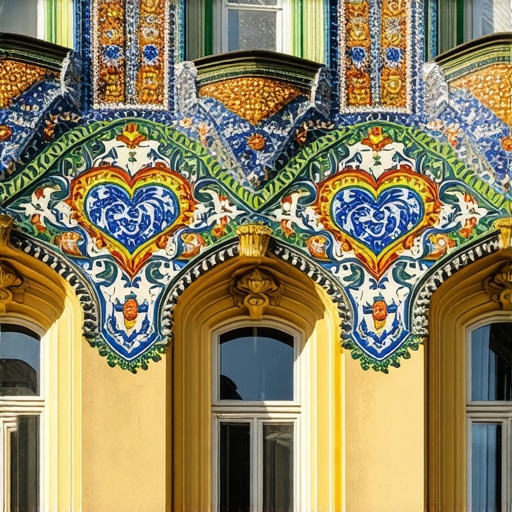 Detalji Zsolnay keramike na Palati Raichle Šarene keramičke dekoracije na fasadi Palate Raichle u Subotici