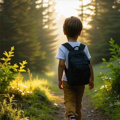 Dete na planinarskoj stazi bez skupe opreme Dete hoda kroz šumu sa običnim rancem