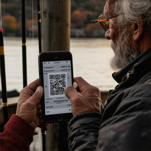 Stari ribar pokazuje digitalnu dozvolu na mobilnom telefonu pored reke u zoru