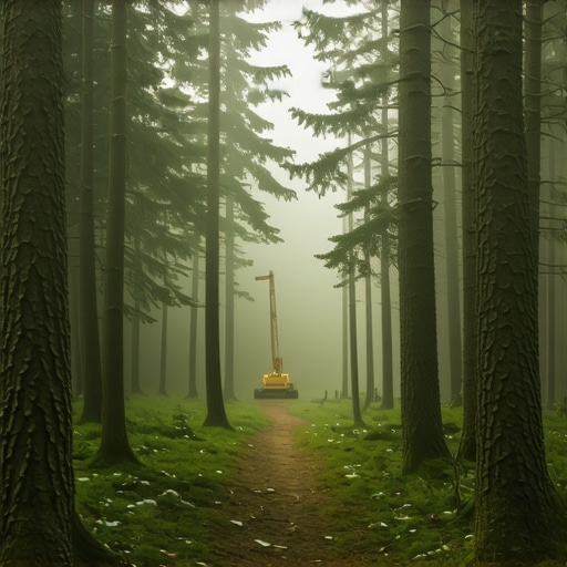 Putanja kroz gustu borovu šumu na Divčibarama sa obrisima gradilišta u daljini