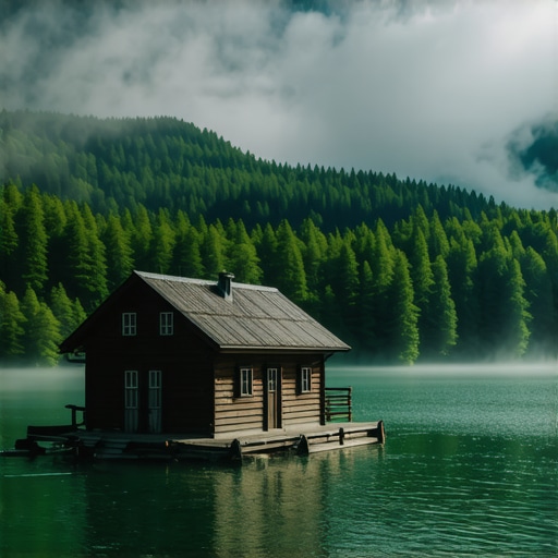 Drvena kućica na Drini u maglovito jutro Tradicionalni splav kućica na reci Drini sa maglom i šumom Tare u pozadini