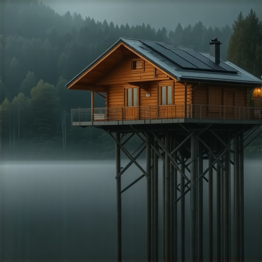 Drvena kućica na reci 2026 Luksuzna drvena kućica na reci sa solarnim panelima u maglovito jutro